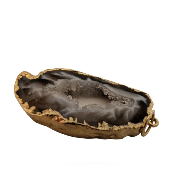 DRUZY Vintage Agate Natural Quartz Gold Dipped Necklace Pendent - Picture 5 of 10